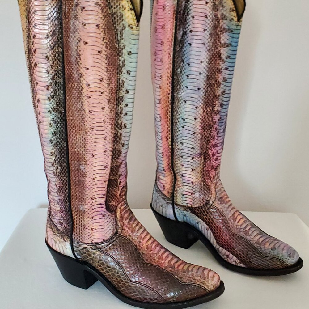 Cowgirl python snakeskin boots painted pink purple blue western rodeo equestrian